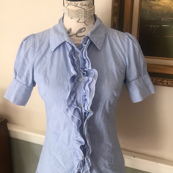 Mikarose Pin Striped Ruffle Short Sleeve Blouse - Picture 3 of 5